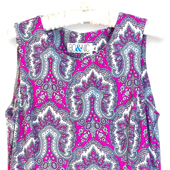 BO&NIC Size XL Sleeveless A-line Pink Grey Abstract Print Dress Pleated Stretch - Picture 2 of 8